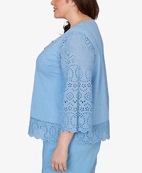 Alfred Dunner Plus St. Augustine Solid Eyelet Trim Top with Necklace