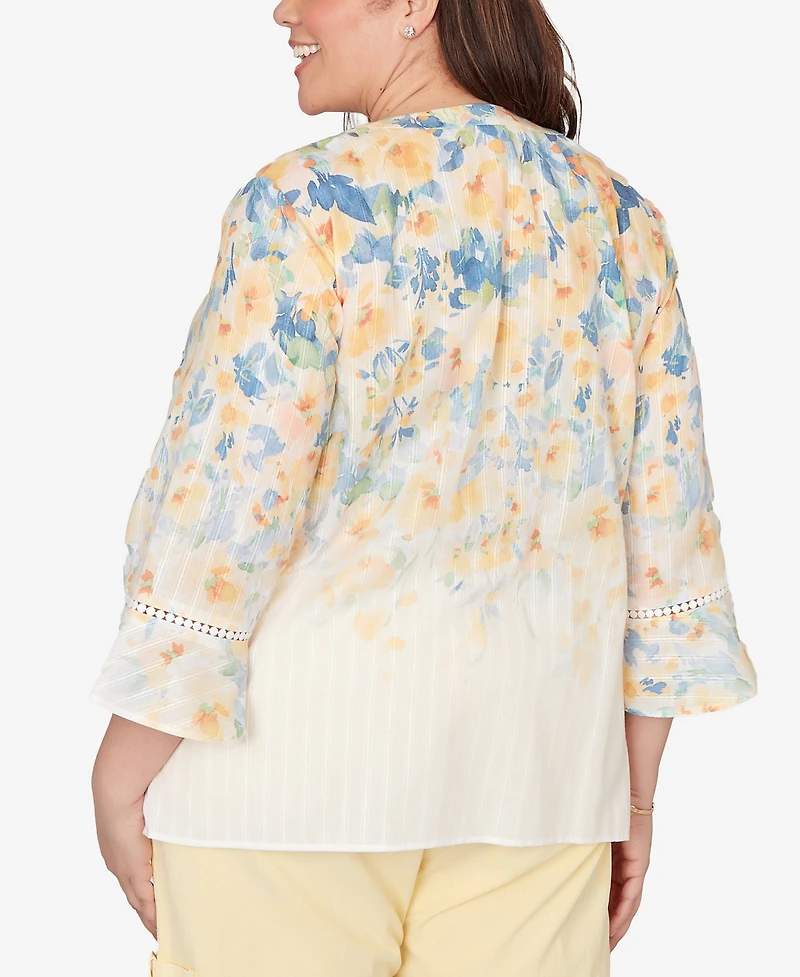 Alfred Dunner Plus Out of the Blue Falling Floral Three Quarter Sleeve Top