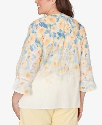 Alfred Dunner Plus Out of the Blue Falling Floral Three Quarter Sleeve Top