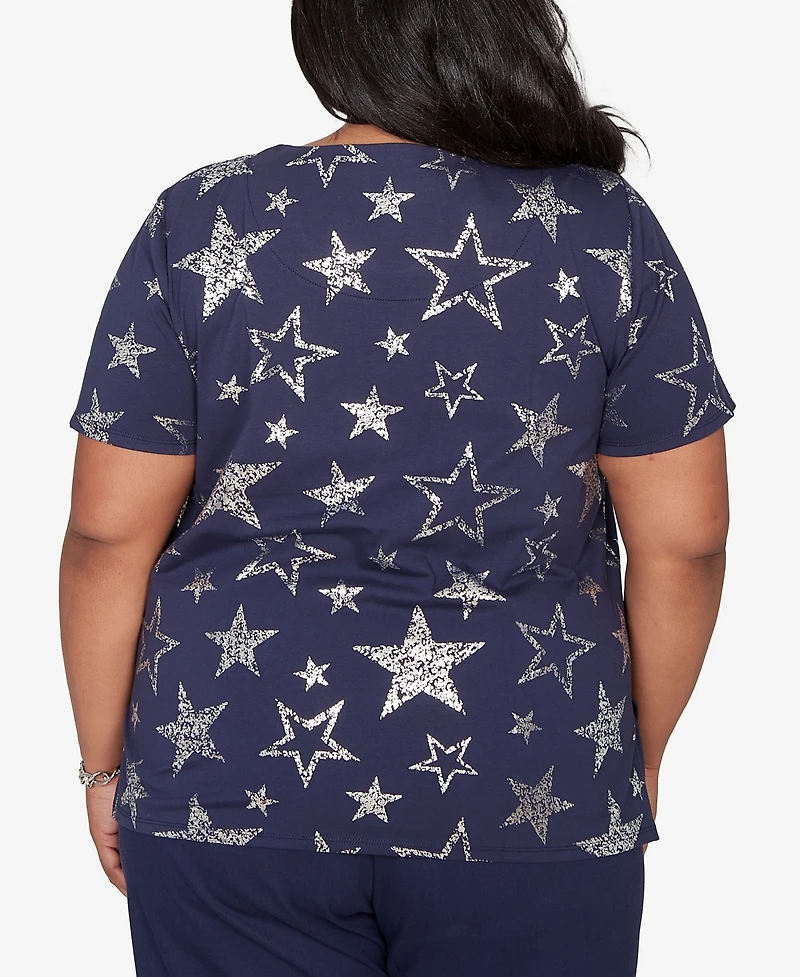 Alfred Dunner Plus Lady Liberty Sparkling Foil Stars Crewneck T-Shirt
