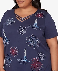Alfred Dunner Plus Lady Liberty Statue Of Fireworks V-Neck T-Shirt