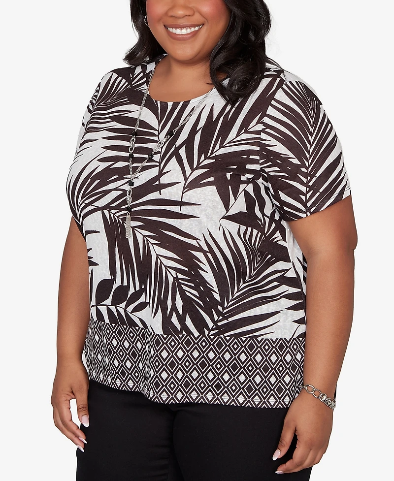 Alfred Dunner Plus Detail Driven Tropical Diamond Border T-Shirt with Necklace