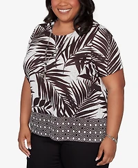 Alfred Dunner Plus Detail Driven Tropical Diamond Border T-Shirt with Necklace