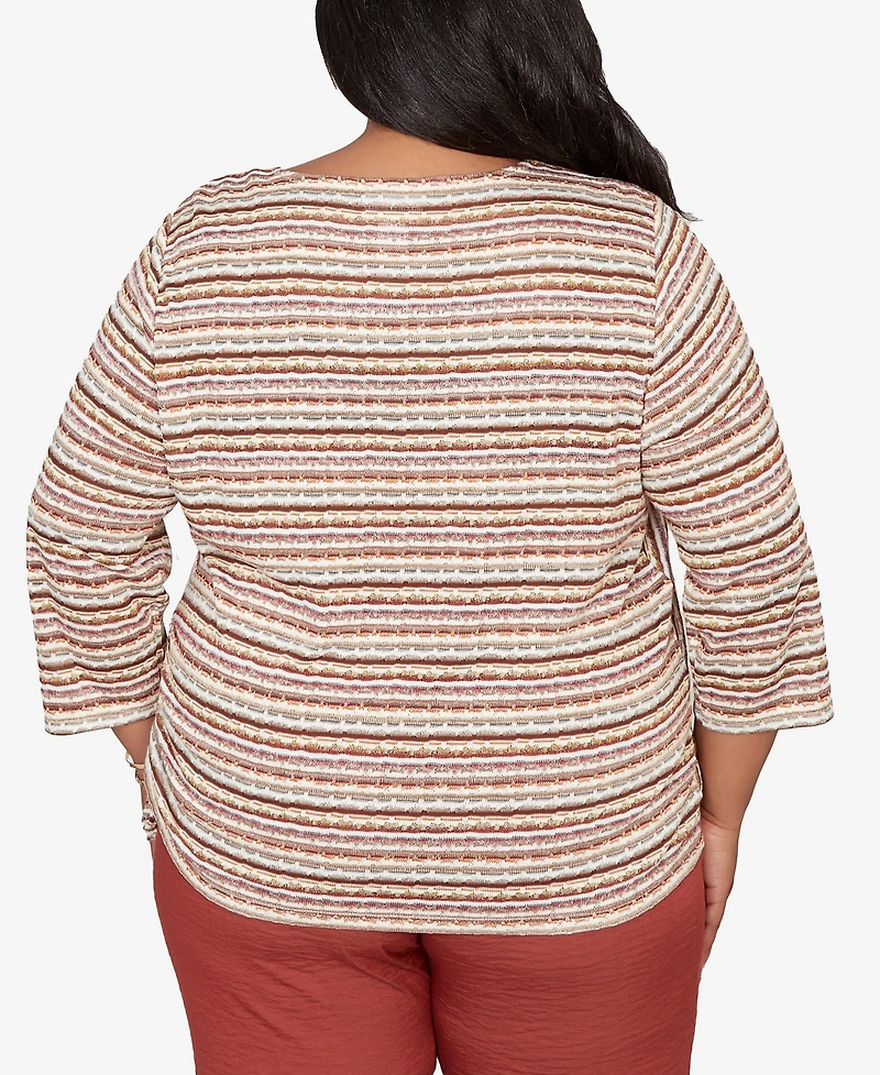 Alfred Dunner Plus Spice Market Spliced Textured Stripe Ruched Tie Top
