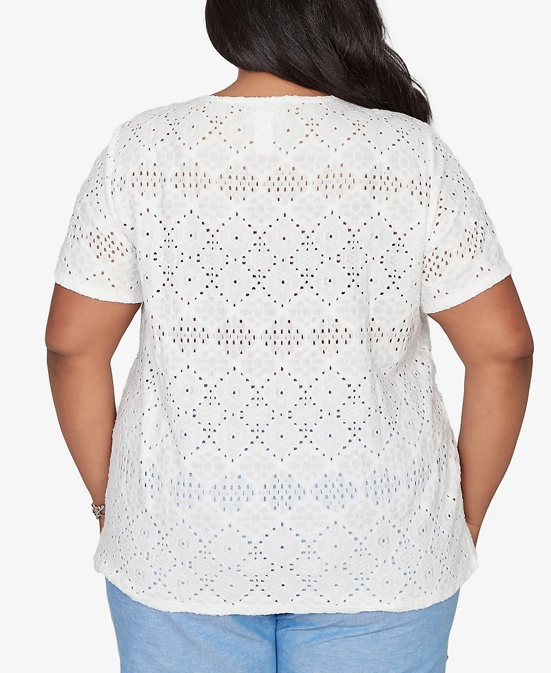 Alfred Dunner Plus Vintage Charm Solid Eyelet Split Beaded Neck T-Shirt