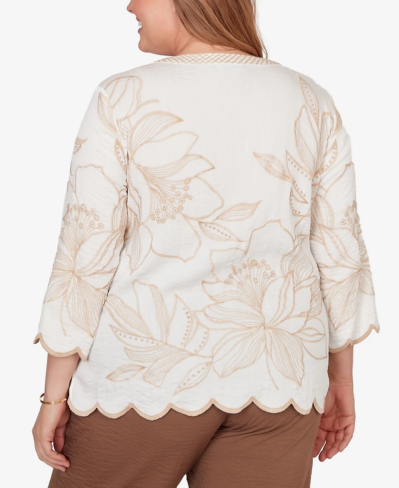 Alfred Dunner Plus Spice Market Embroidered Floral V-Neck Textured Top