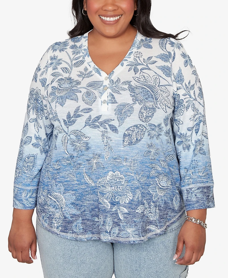 Alfred Dunner Plus Out of the Blue Ombre Batik Floral Henley Top