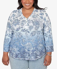 Alfred Dunner Plus Out of the Blue Ombre Batik Floral Henley Top