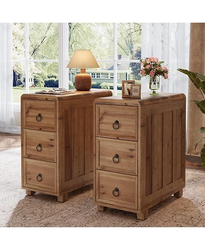 Tribesigns Solid Wood End Table with 3 Drawers Set of 2, Narrow Sofa Side Table Nightstand Storage Cabinet for Living Room Bedroom Office