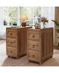 Tribesigns Solid Wood End Table with 3 Drawers Set of 2, Narrow Sofa Side Table Nightstand Storage Cabinet for Living Room Bedroom Office