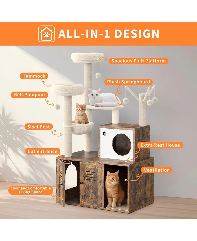gaomon Litter Box Enclosure with Tree Tower and Condo, Wooden Cat Scratching Posts, Hammock, Hidden Furniture,