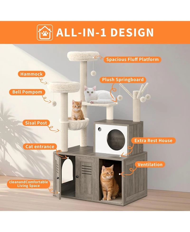 gaomon Litter Box Enclosure with Tree Tower and Condo, Wooden Cat Tower with Scratching Posts, Cat Hammock, Hidden Litter Box Furniture, Wooden