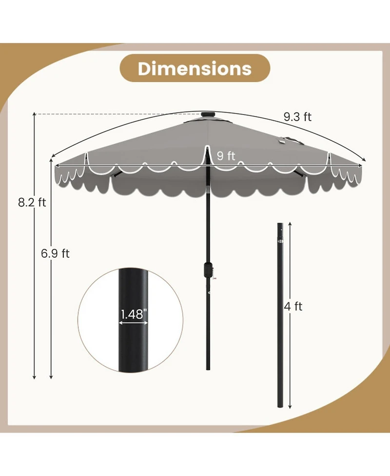 Gouun 9.3 ft Solar Patio Umbrella with 24 Led Lights Vented Top and Ruffled Edges