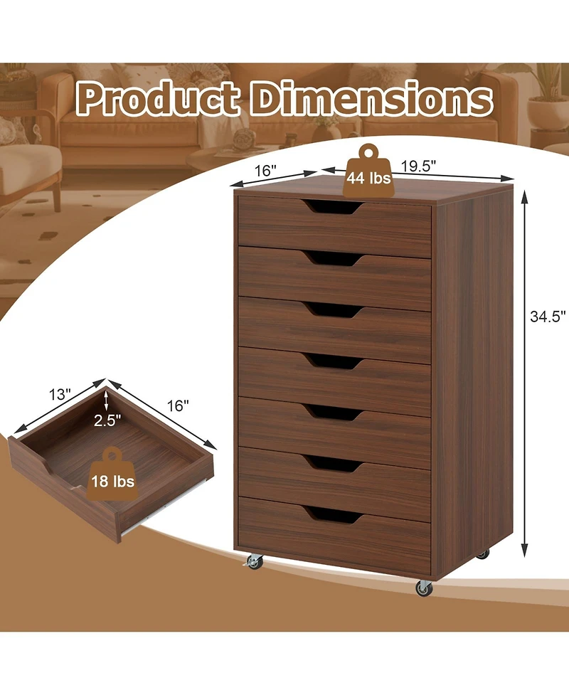 Gouun 7-Drawer Wooden Storage Dresser with Lockable Wheels