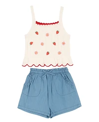 Rare Editions Girls' 2T-6X Crochet Knit Tank and Chambray Shorts, 2-Piece Set