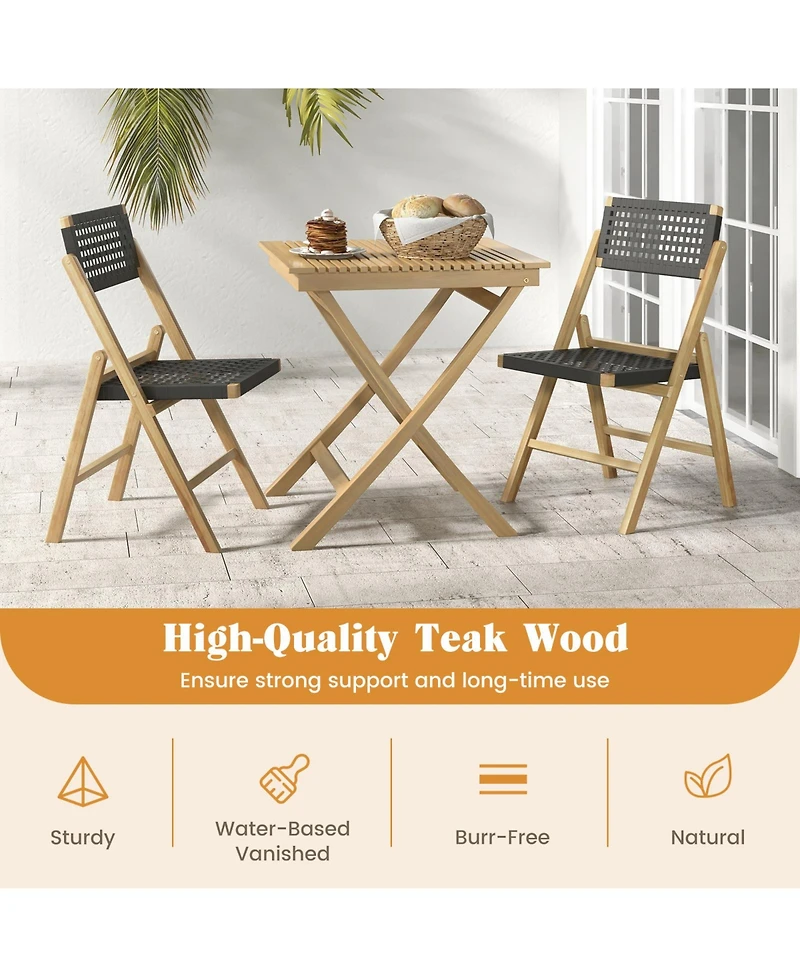 Gymax 2PCS Folding Chairs w/ Woven Rope Seat and High Back Indonesia Teak Patio
