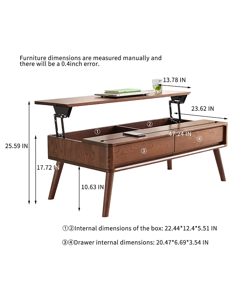 sumyeg Elevating Solid Oak Wood Center Coffee Table with Storage Shelf