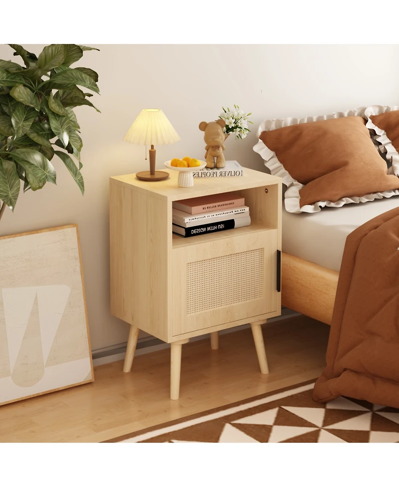 sumyeg Oak Rattan Nightstand with Door and Open Shelf - Solid Wood Legs Accent End Table