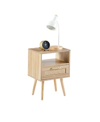 sumyeg Modern Rattan End Table with Power Outlet Usb Ports Drawer Solid Wood Legs