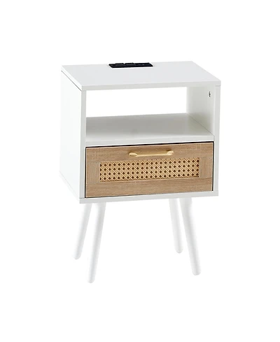 sumyeg Modern Rattan End Table with Power Outlet Usb Ports Drawer Solid Wood Legs
