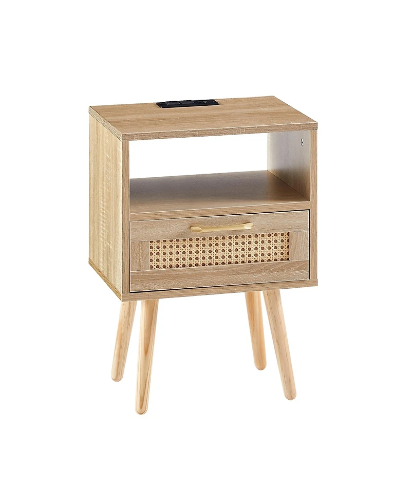 sumyeg Modern Rattan End Table with Power Outlet Usb Ports Drawer Solid Wood Legs