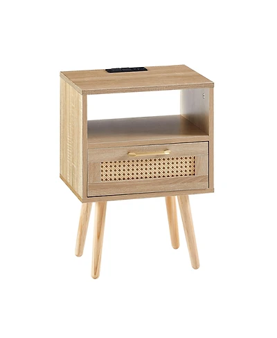 sumyeg Modern Rattan End Table with Power Outlet Usb Ports Drawer Solid Wood Legs