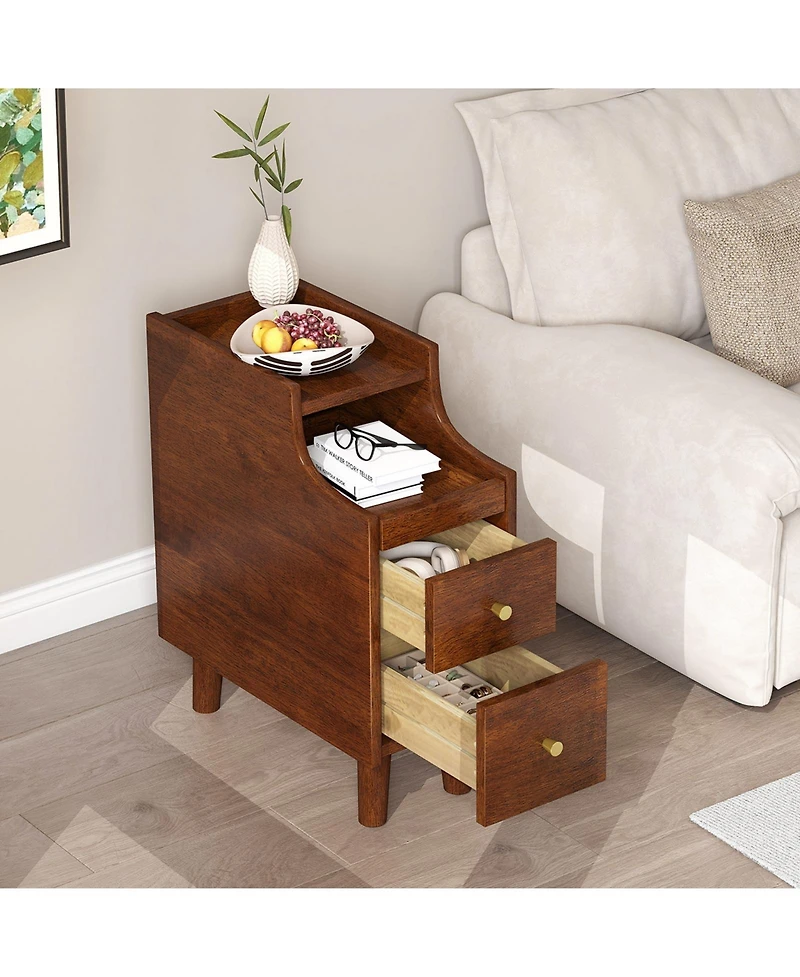 sumyeg Solid Wood End Table Narrow Bedside Table with Pull-out Tray and 2 Storage Drawers