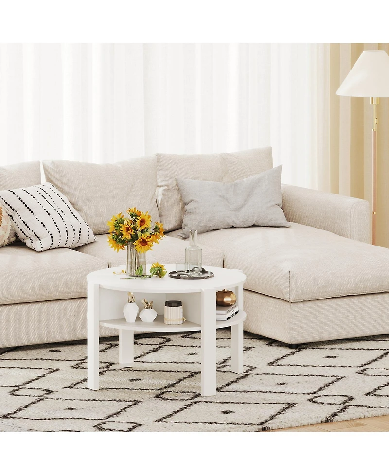 sumyeg 29.5" Round Coffee Table with Storage Shelves for Small Space