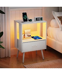 sumyeg Modern Nightstand Set of 2 with Charging Station, Led Light and Fabric Drawers