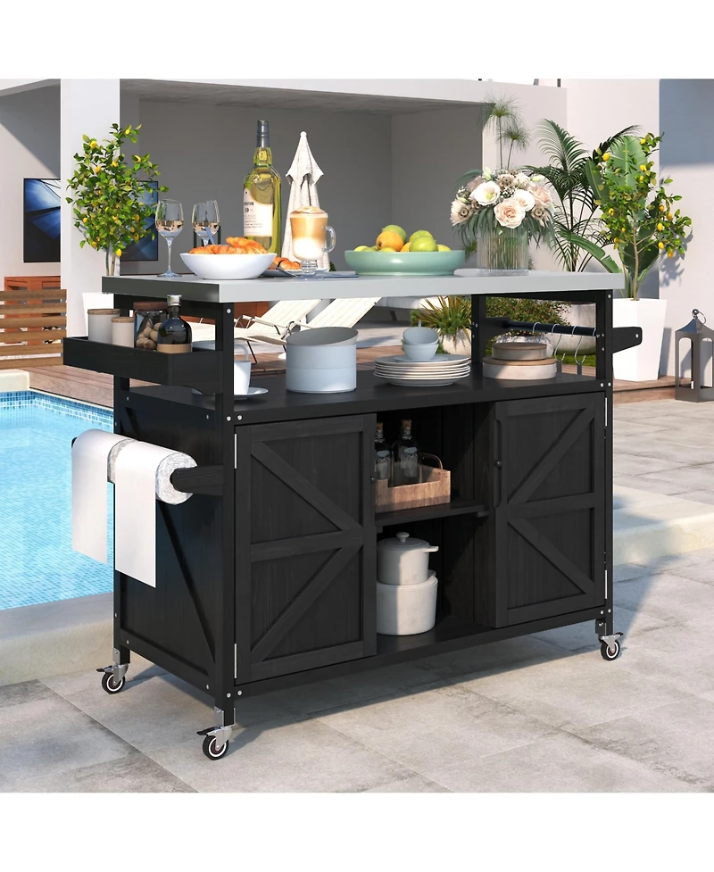 sumyeg Outdoor Kitchen Island and Rolling Bar Cart, Farmhouse Solid Wood Grill Table with Stainless Steel Top, Spice Rack and Towel Rack