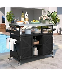 sumyeg Outdoor Kitchen Island and Rolling Bar Cart, Farmhouse Solid Wood Grill Table with Stainless Steel Top, Spice Rack and Towel Rack