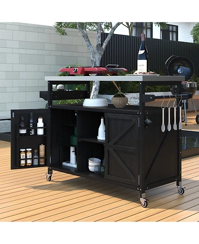 sumyeg Outdoor Kitchen Island and Rolling Bar Cart, Farmhouse Solid Wood Grill Table with Stainless Steel Top, Spice Rack and Towel Rack