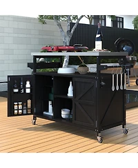sumyeg Outdoor Kitchen Island and Rolling Bar Cart, Farmhouse Solid Wood Grill Table with Stainless Steel Top, Spice Rack and Towel Rack