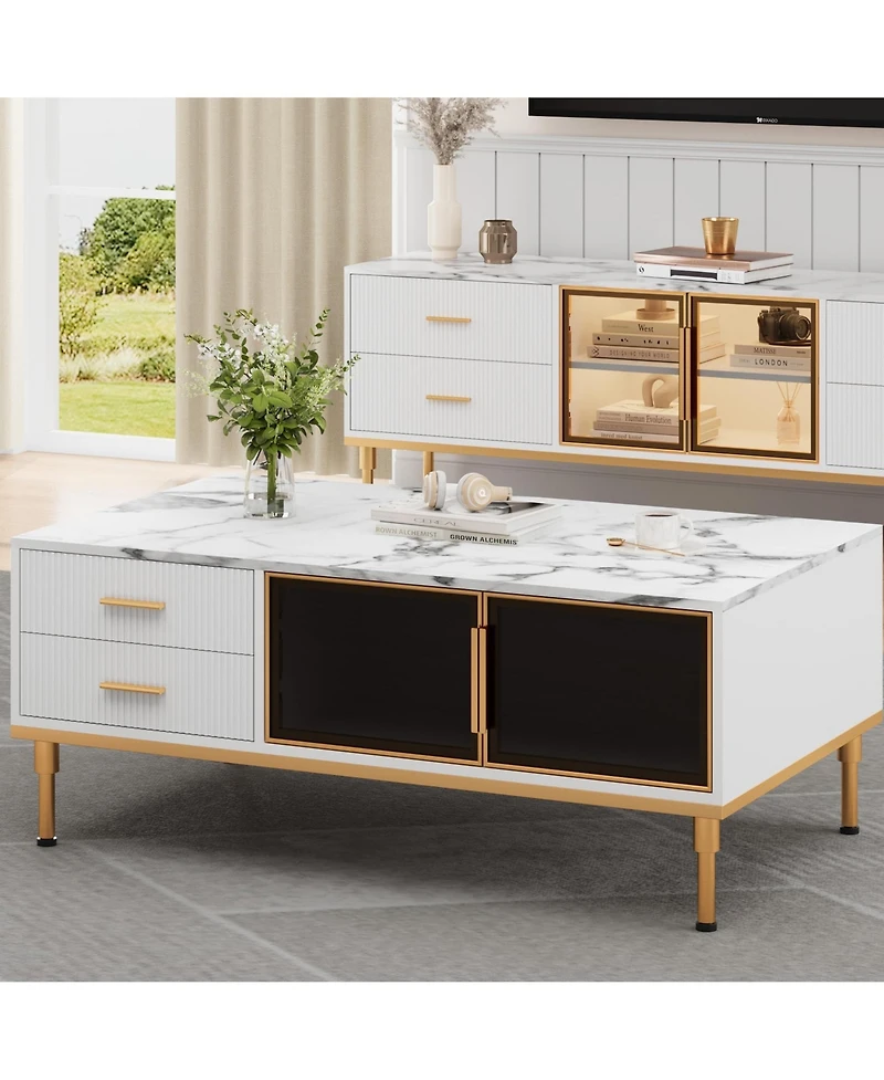 homfan Modern Faux Marble Coffee Table with Storage, 4 Drawers, 2 Glass Doors, Fluted Design, Adjustable Legs