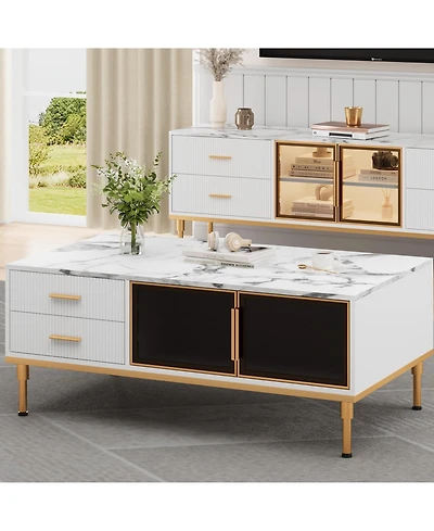 homfan Modern Faux Marble Coffee Table with Storage, 4 Drawers, 2 Glass Doors, Fluted Design, Adjustable Legs
