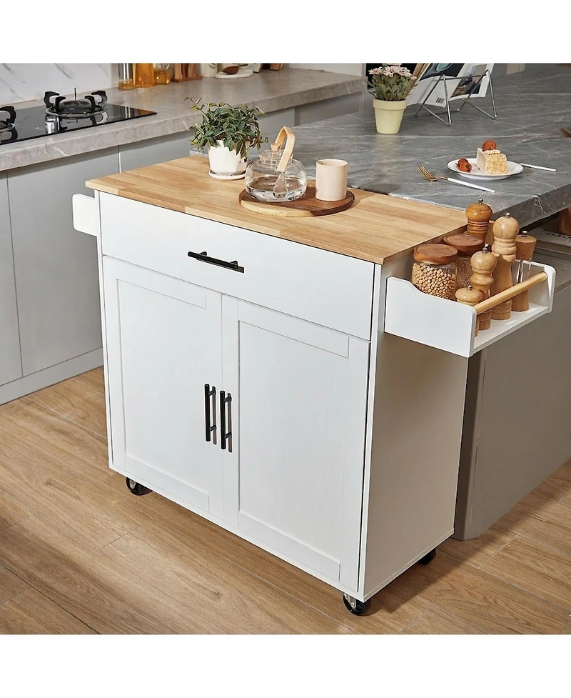 Gouun Solid Wood Top Kitchen Island Cart with Drop Leaf, Storage Cabinet and Wheels, 35.4 in