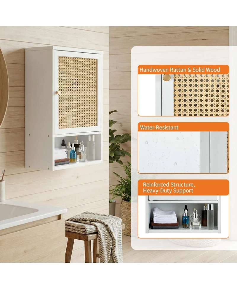homfan Bathroom Wall Cabinet, Wood Rattan Storage with 3-Tier Shelves and Doors, Medicine Holds 33lbs for Bathroom, Laundry Room