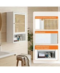 homfan Bathroom Wall Cabinet, Wood Rattan Storage with 3-Tier Shelves and Doors, Medicine Holds 33lbs for Bathroom, Laundry Room