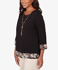 Alfred Dunner Women's Seville Bold Floral Border Trim Top with Necklace
