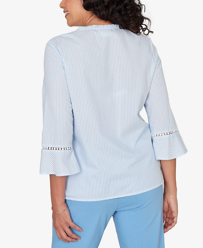 Alfred Dunner Women's St. Augustine Striped Floral Embroidered Button-Down Top