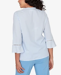 Alfred Dunner Women's St. Augustine Striped Floral Embroidered Button-Down Top