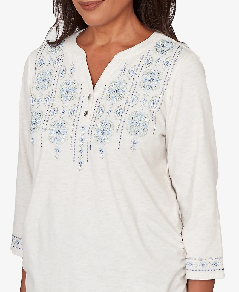 Alfred Dunner Women's St. Augustine Medallion Embroidered Ruched Henley Top