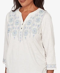 Alfred Dunner Women's St. Augustine Medallion Embroidered Ruched Henley Top