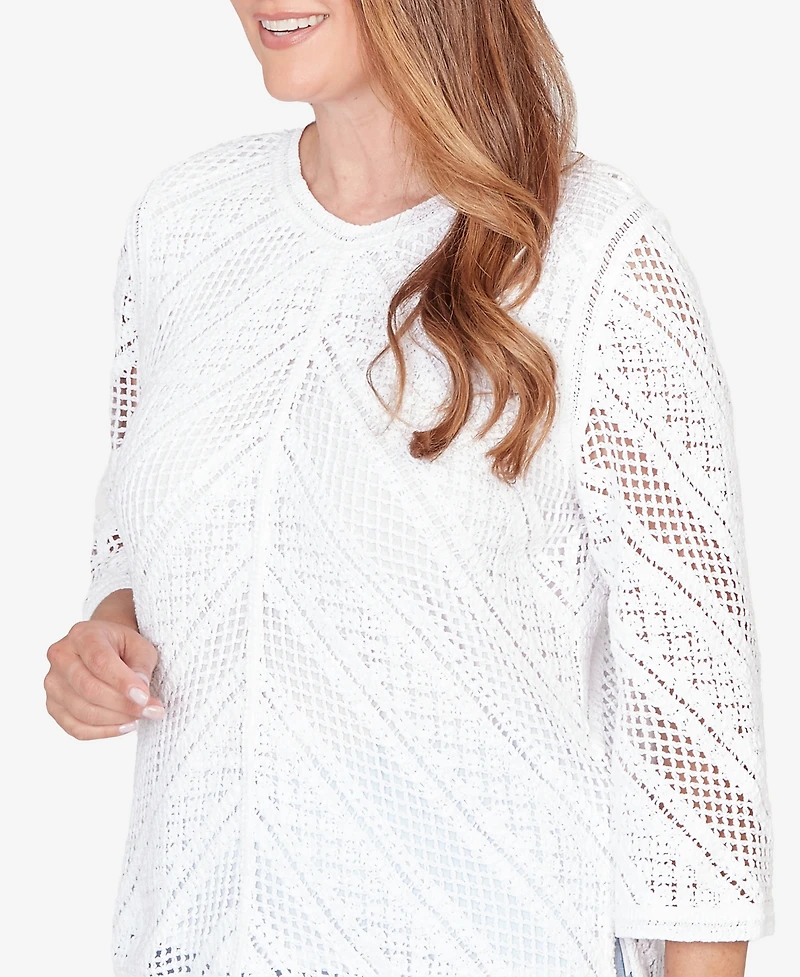 Alfred Dunner Women's St. Augustine Chevron Crochet Crewneck Top