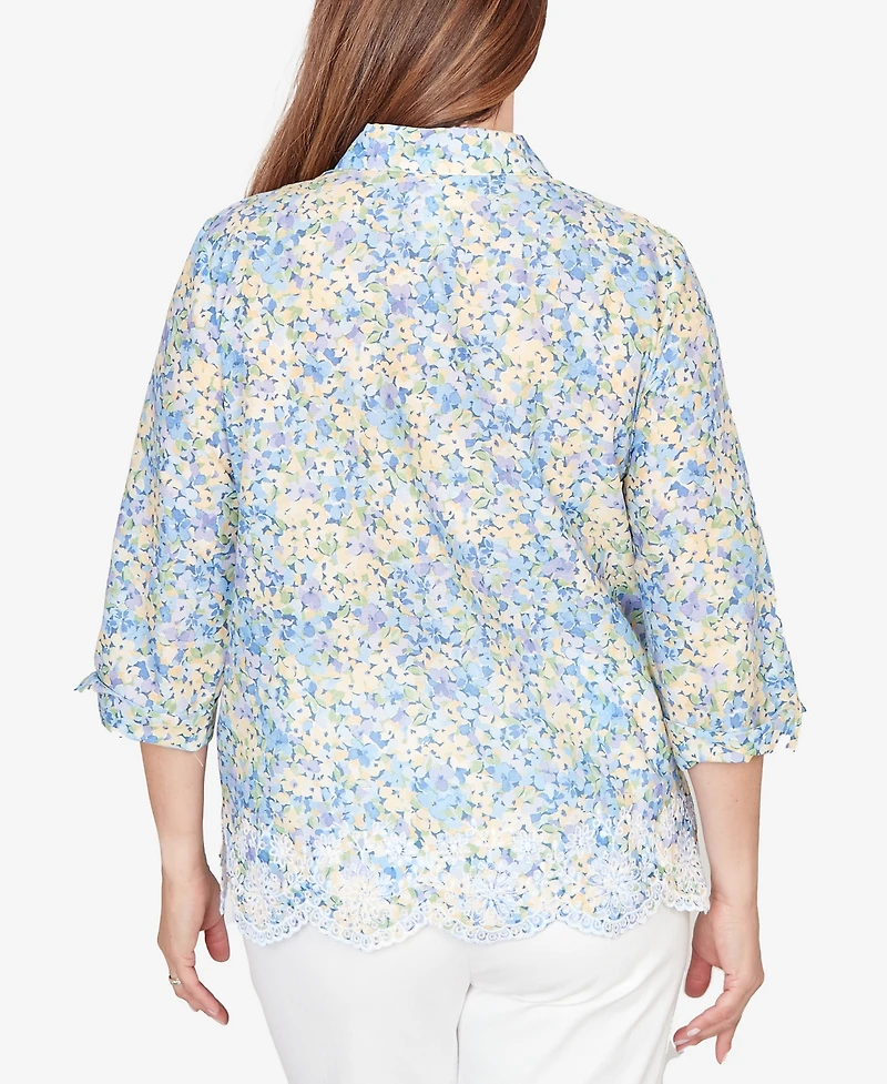 Alfred Dunner Women's Classic Embroidered Floral Border Button Down Top