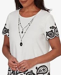 Alfred Dunner Women's Crowd Pleaser Paisley Border T-shirt with Necklace