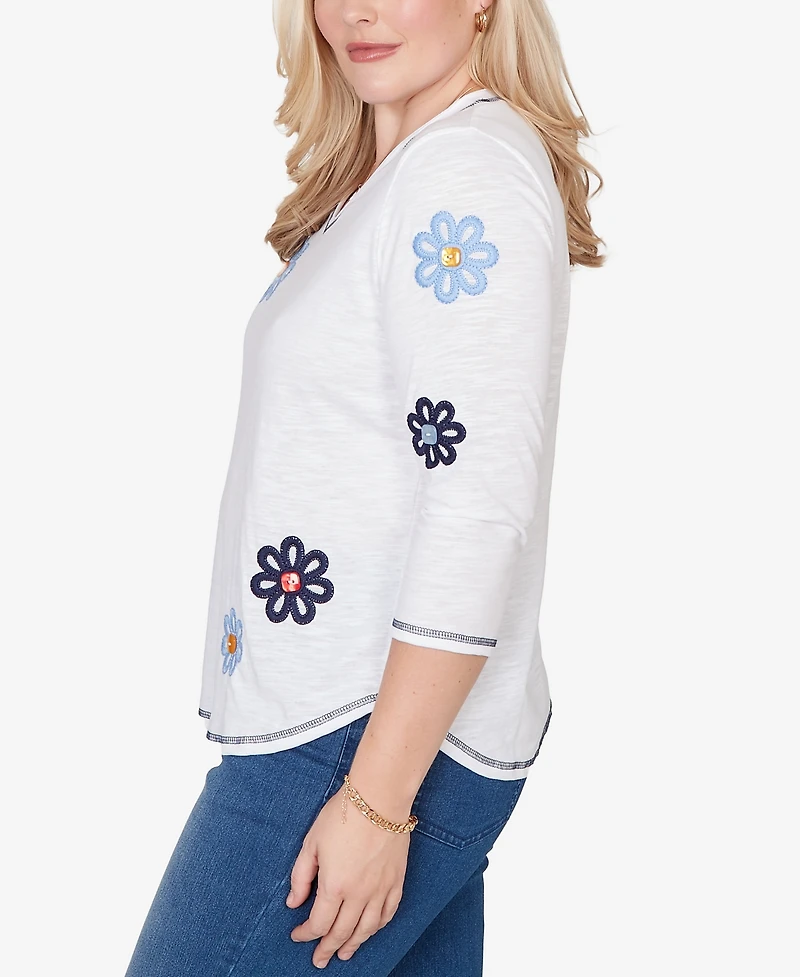 Alfred Dunner Women's Port Side Embellished Floral Button Top