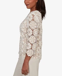 Alfred Dunner Women's Natural Wonder Floral Crochet Three-Quarter-Sleeve Top