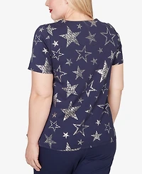 Alfred Dunner Women's Lady Liberty Sparkling Foil Stars Crewneck T-shirt