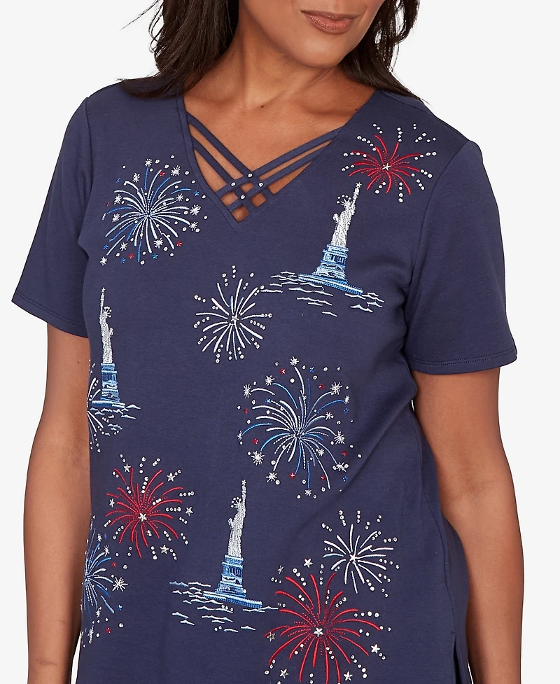 Alfred Dunner Women's Lady Liberty Statue Of Fireworks V-Neck T-shirt